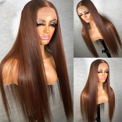 Brown Lace Front Wigs Bone Straight Wigs 4# Dark Brown Colored Human Hair Wigs