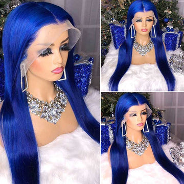 Blue Wig 13x4 Transparent Lace Frontal Wig Bone Straight Wig Human Hair