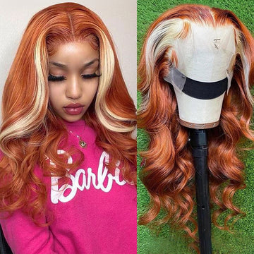 Ginger With Blonde Skunk Stripe Lace Front Wigs Body Wave Human Hair Wigs