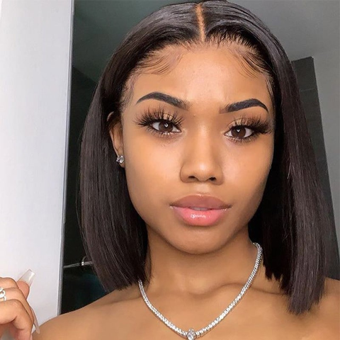 Short Bob Wigs Lace Front/ Closure Wigs Straight Blunt Cut 10A Human Hair