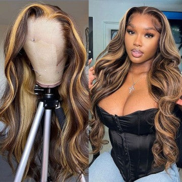 Highlight Piano Color Glueless 13*4 Front Body Wave Wig  Brazilian Human Hair