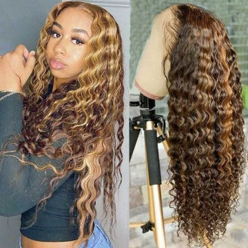 Highlight Piano Color Glueless 13*4 Front Deep Wave Wig  Brazilian Human Hair