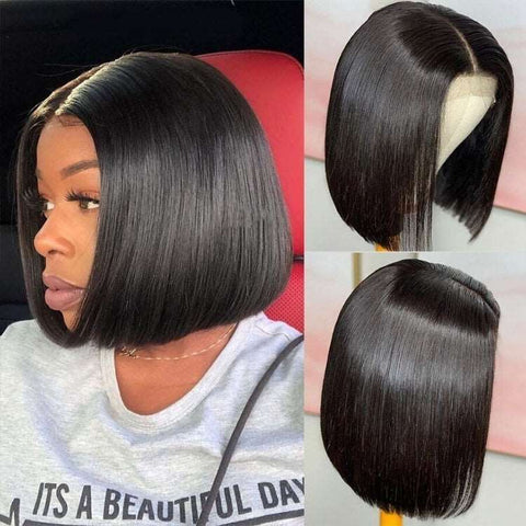 Short Bob Wigs Lace Front/ Closure Wigs Straight Blunt Cut 10A Human Hair