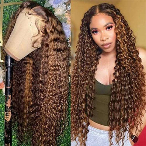 Highlight Piano Color Glueless 13*6 Front Deep Wave Wig  Brazilian Human Hair