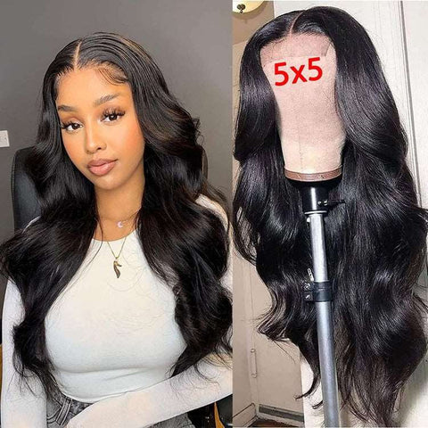 5*5 HD Lace Front Wig Body Wave Human Hair Transparent Lace Wigs Natural Color 10A Hair